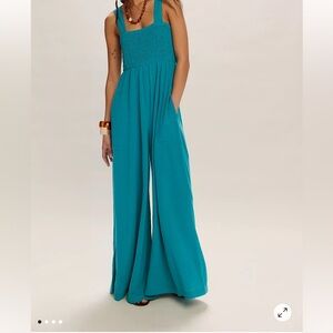 Free People Blue Sleeveless Jumpsuit with Wide-Leg Design